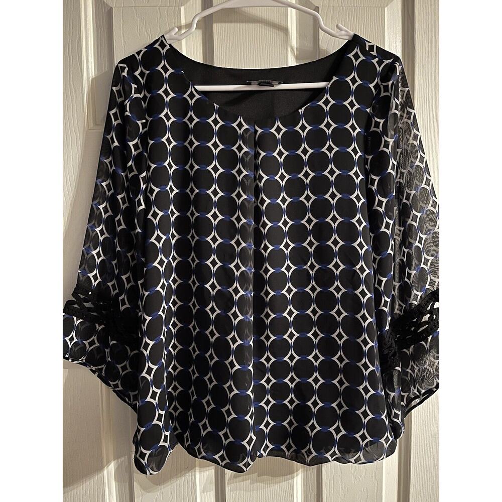 AGB sz S Ladies black blue white dressy top vacay polyester geometric print